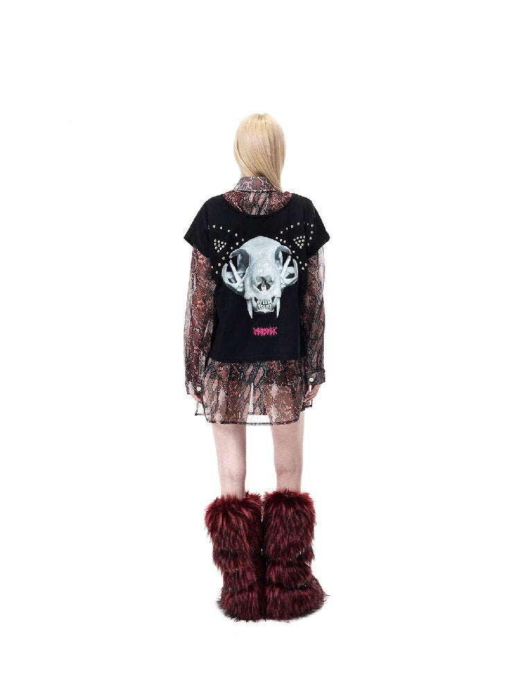 Cat Bone Print Riveted T-Shirt【s0000017714】