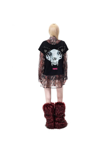 Cat Bone Print Riveted T-Shirt【s0000017714】