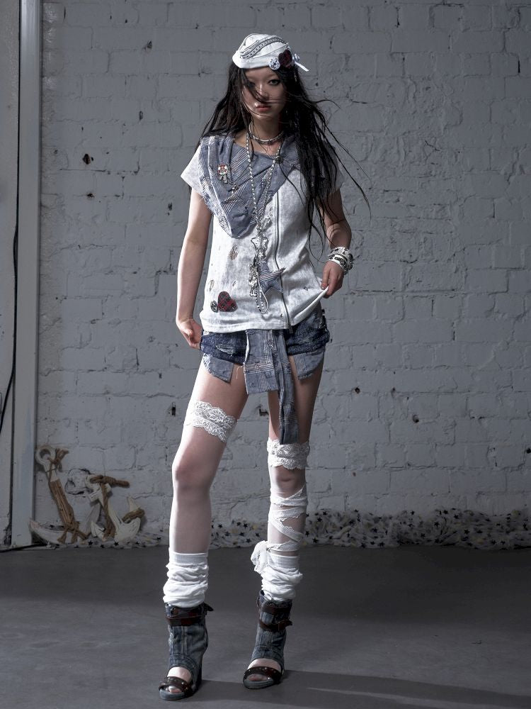 Faux two-piece distressed short-sleeved T-shirt【s0000012790】