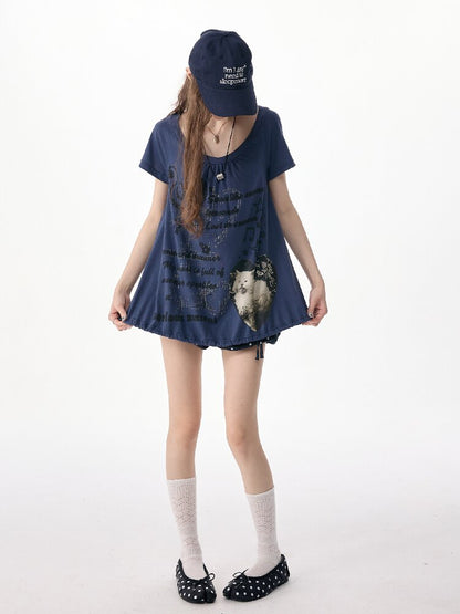 Cat Print Lazy Drawstring T-Shirt【s0000017253】