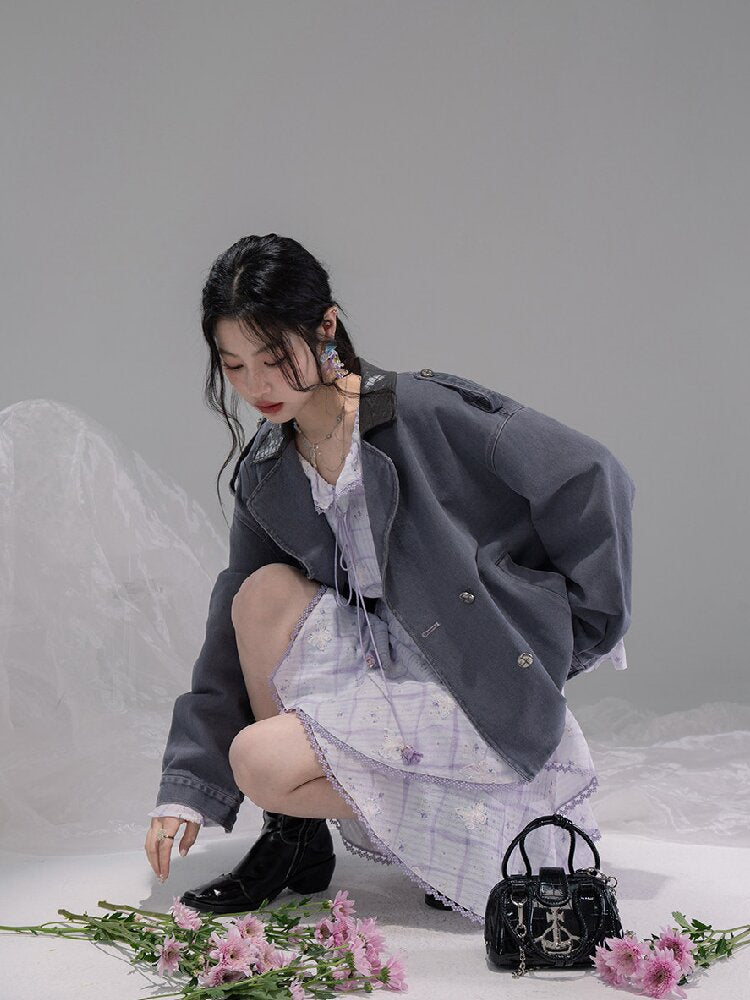Ink Gray Leather Washed Denim Jacket【s0000015741】