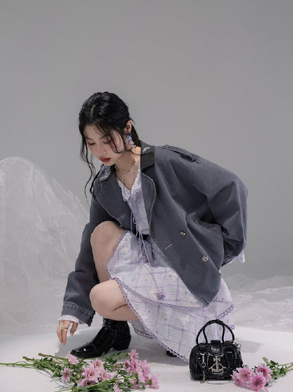 Ink Gray Leather Washed Denim Jacket【s0000015741】