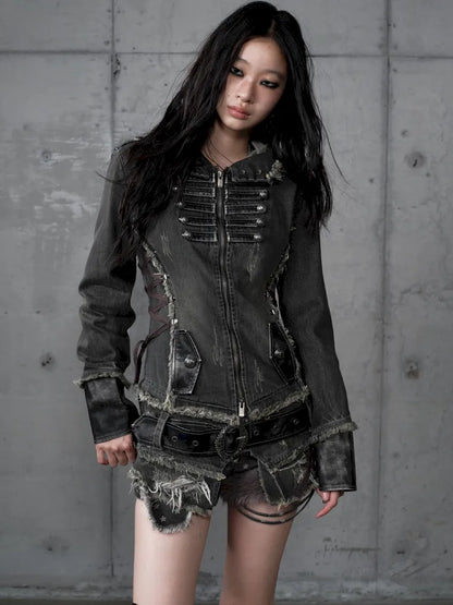 Denim Detachable Slim-Fit Hooded Jacket【s0000013951】