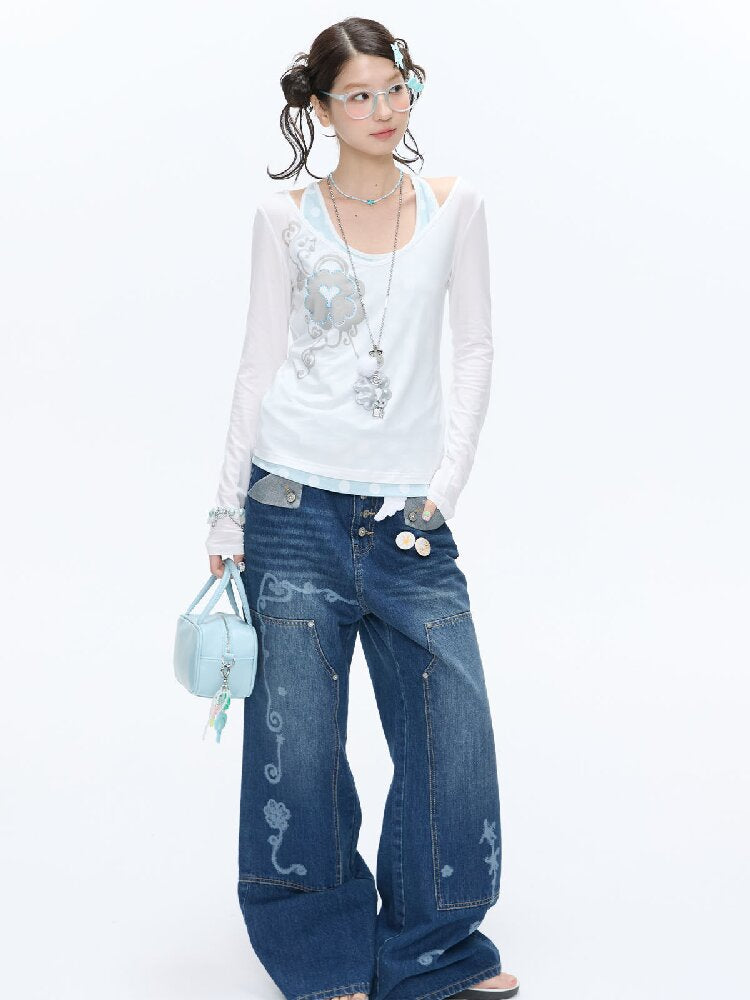 Stud Washed Two Tone Raw Jeans【s0000016398】