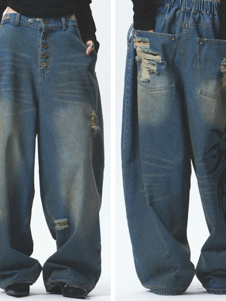 Distressed loose cuffed jeans【s0000012685】