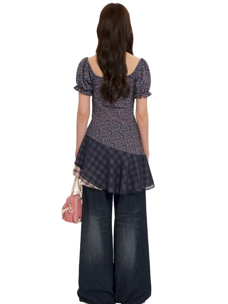 Plaid bubble sleeve top/dress【s0000013456】