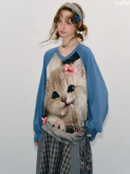 Striped Cat Print Sweatshirt Top【s0000017881】