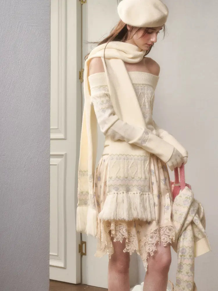 Fresh and Soft Cotton Sweater, Scarf, Floral Skirt【s0000014323】