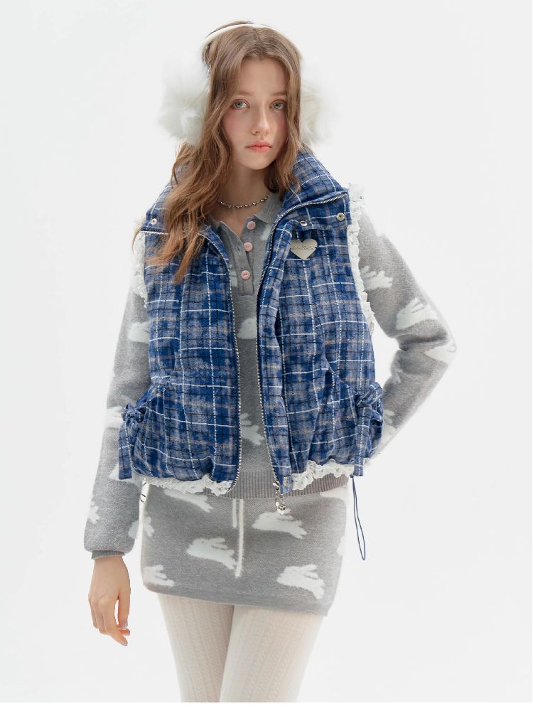 Checkered Splicing Lace Cotton Vest【s0000011504】