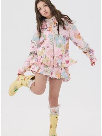 Pink Lace Print Collar Coat Suit【s0000016192】