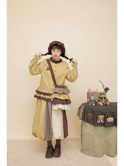 Vintage Girly Lace Bear Turmeric Shirt【s0000014839】