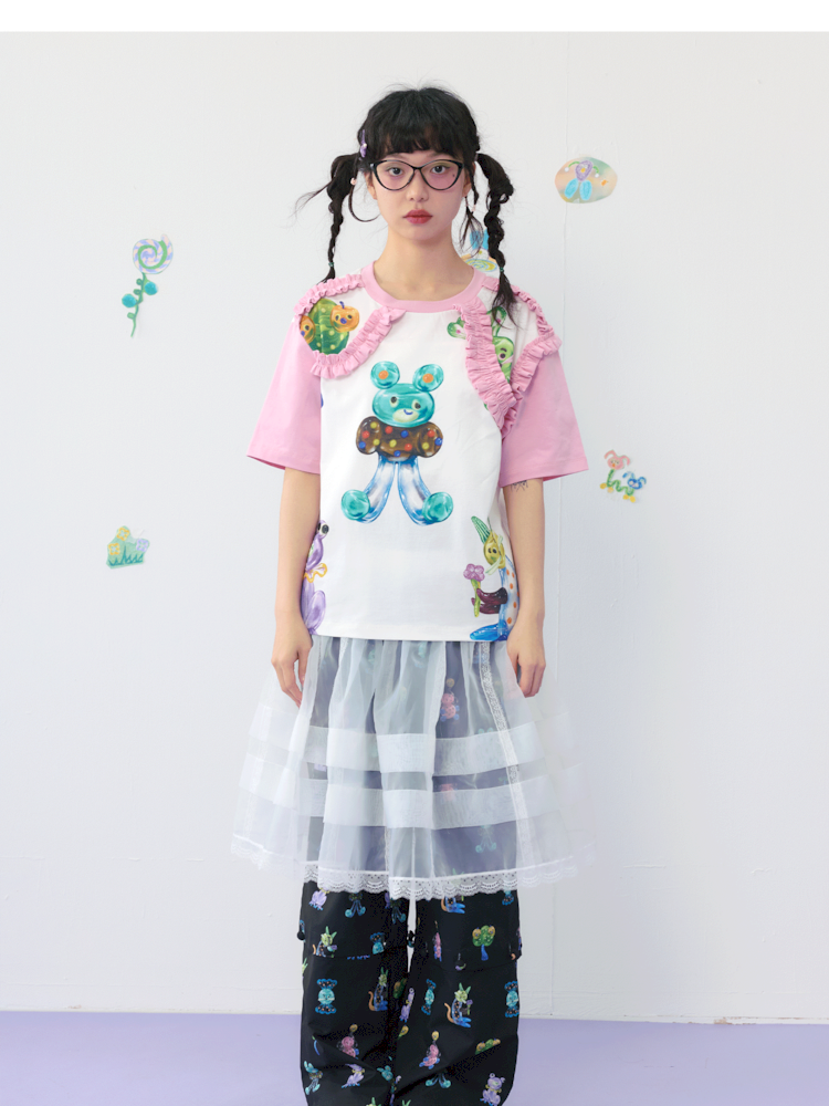 Candy Print Frilly Lace Cotton T-Shirt [S0000009539]