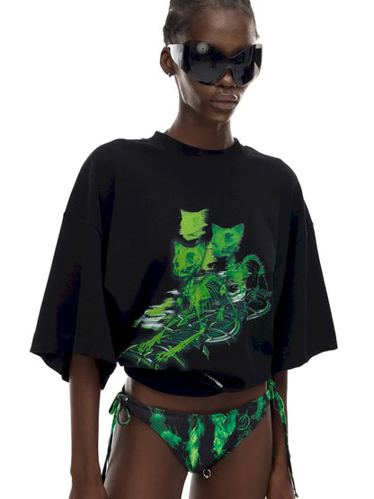 Cat Skeleton Space Capsule Print T-Shirt【s0000014017】