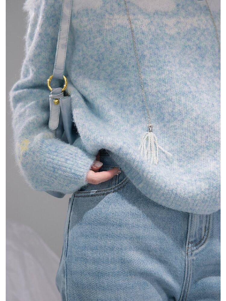 Blue One-Shoulder Jacquard Sweater【s0000015736】