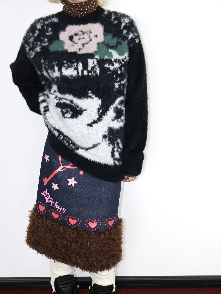 Heartbeat Print Denim Fleece Skirt【s0000018670】