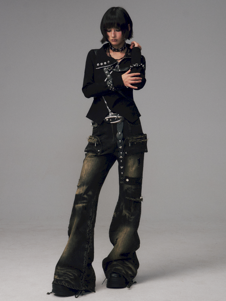 Punk Vintage Washed Drawstring Flared Pants【s0000014706】