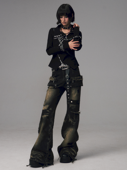 Punk Vintage Washed Drawstring Flared Pants【s0000014706】