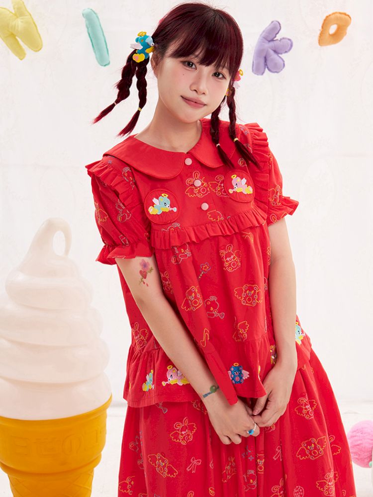 Animal angel heavy embroidery red doll shirt【s0000013184】
