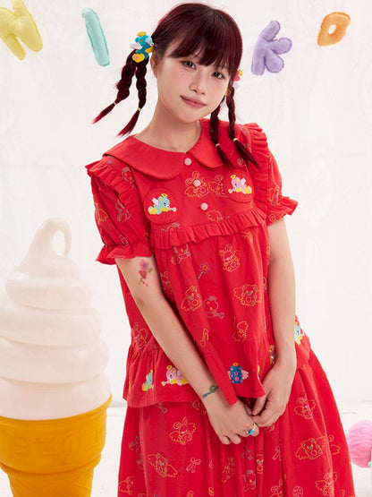 Animal angel heavy embroidery red doll shirt【s0000013184】