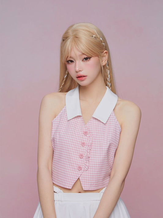 Sleeveless Pink Plaid Blouse【s0000007867】