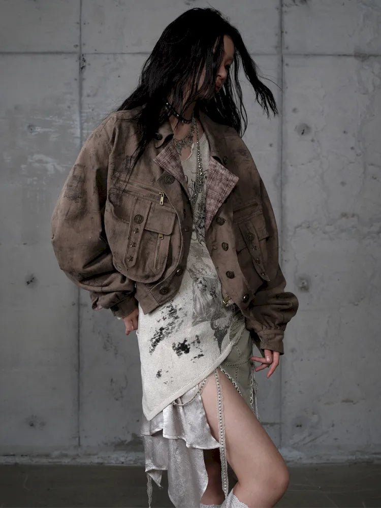 Plaid functional distressed dirty jacket【s0000014114】