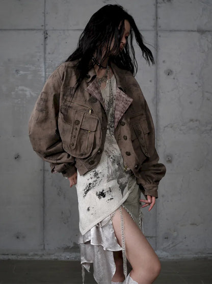 Plaid functional distressed dirty jacket【s0000014114】