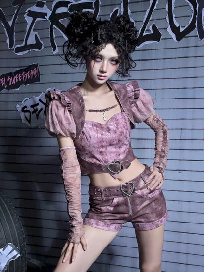 Puff Sleeve Heart-Print Strapless Two-Piece Top【s0000014027】