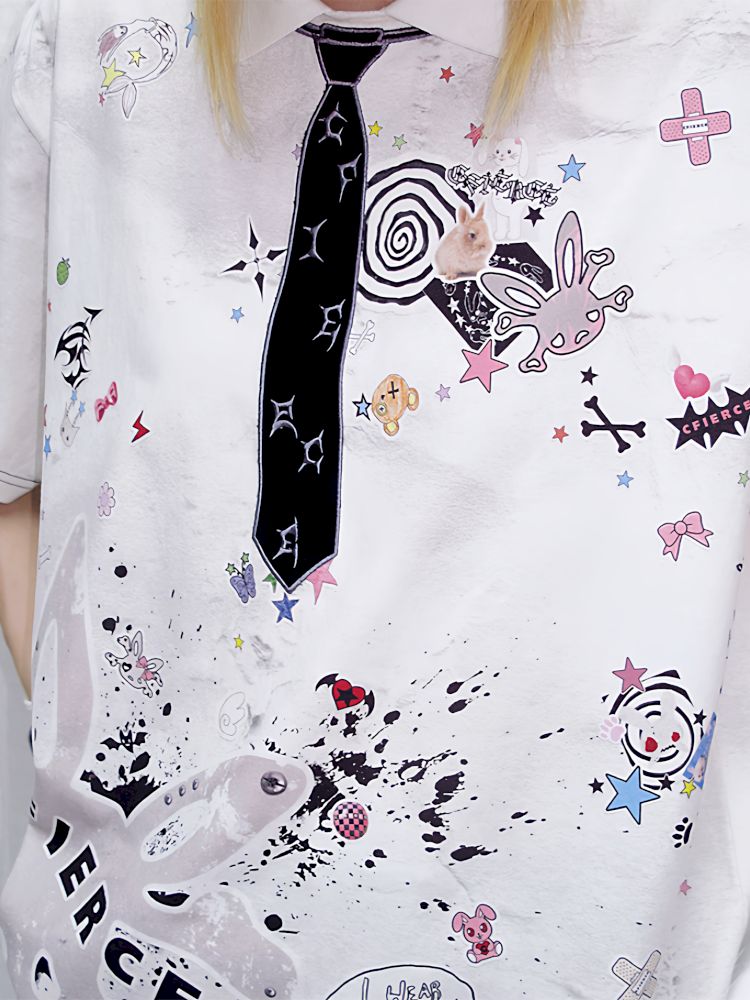 Sticker Print Embroidered Tie Polo Shirt【s0000013881】