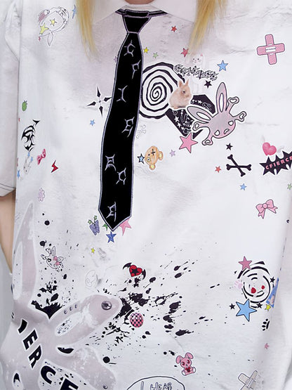 Sticker Print Embroidered Tie Polo Shirt【s0000013881】