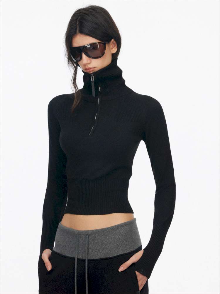 Half-Turtleneck Zip Knit Long-Sleeve T-Shirt【s0000014876】
