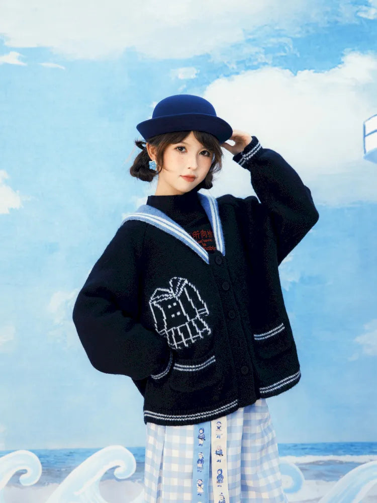 Contrasting Navy Collar Knit Cardigan【s0000014155】