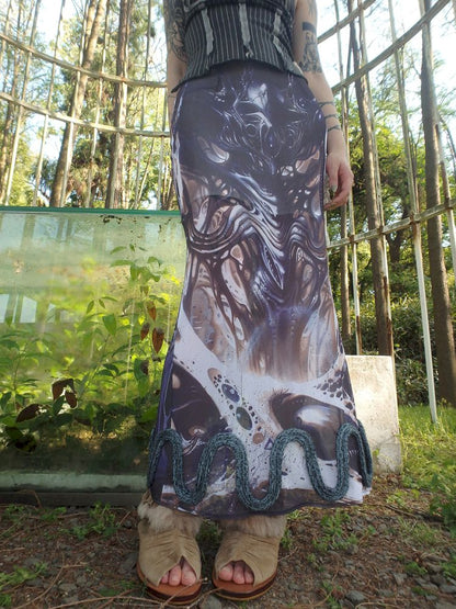 Printed Shaped Slit Mesh Half-body Dress【s0000012466】