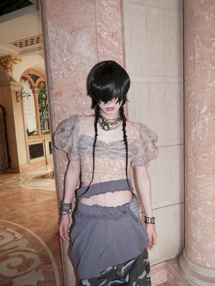 Patchwork Sheer Bud Strap Court Top【s0000015145】