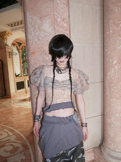 Patchwork Sheer Bud Strap Court Top【s0000015145】