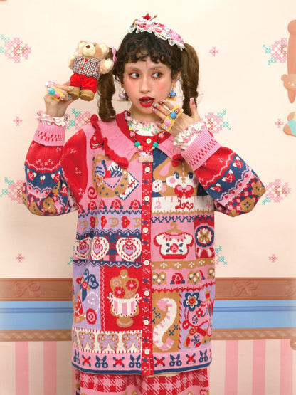 Red Navy Blue Jacquard Cardigan【s0000015570】