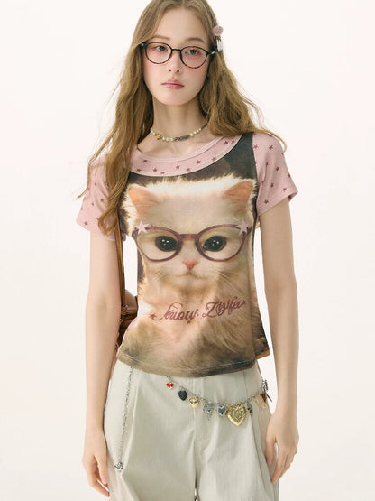 Retro Vintage Cat Print T-Shirt【s0000016855】