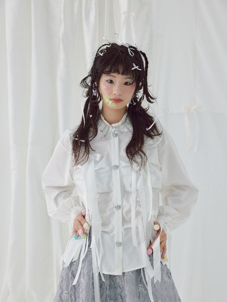 Bow Ribbon Pleated Cute Metal Button Blouse【s0000004650】