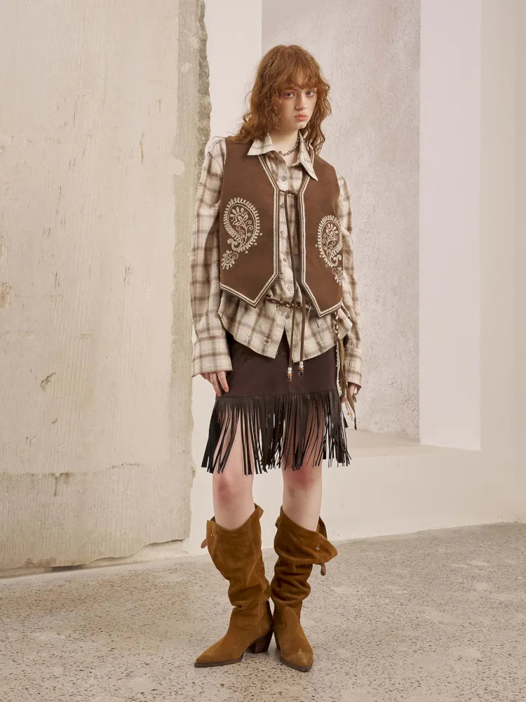 Embroidery Fringe Short Leather Skirt【s0000014045】