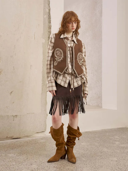 Embroidery Fringe Short Leather Skirt【s0000014045】