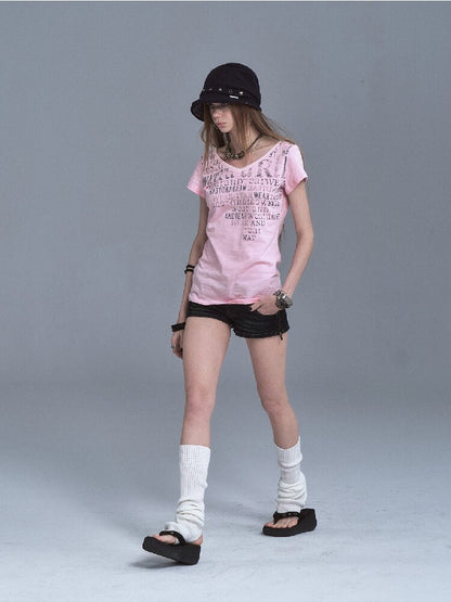 V-neck Letter Print Cotton T-shirt【s0000016638】