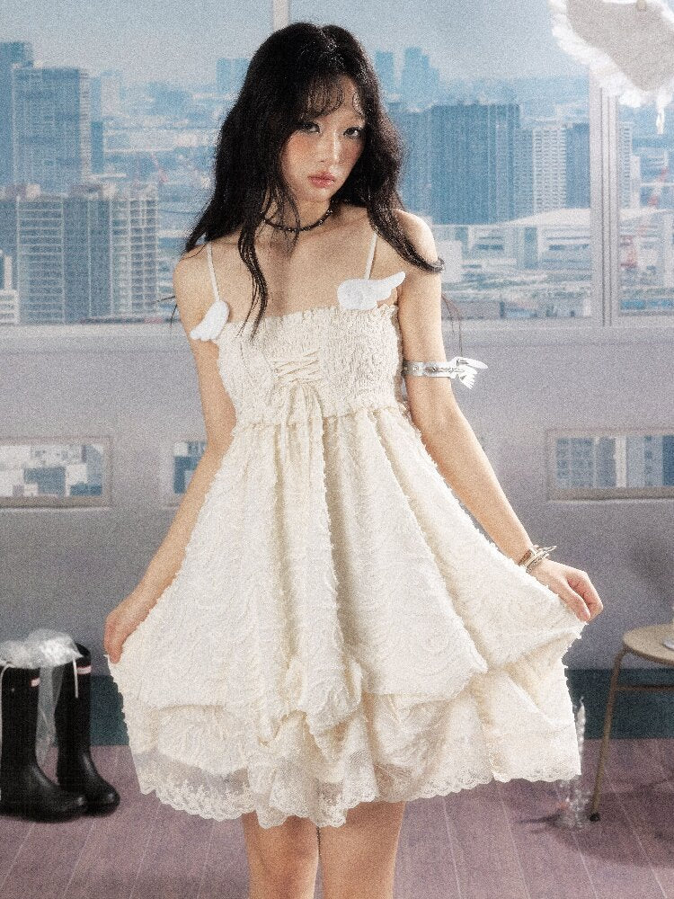 Shirred Lace White Texture Dress【s0000016278】