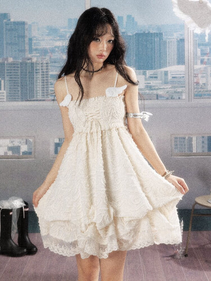 Shirred Lace White Texture Dress【s0000016278】