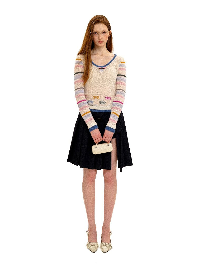 Contrast Striped Bow Knit Sweater【s0000016109】