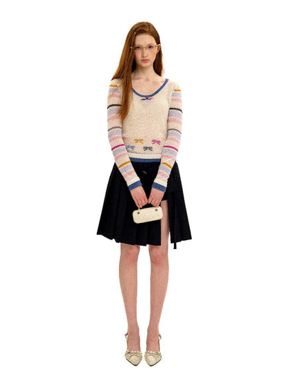 Contrast Striped Bow Knit Sweater【s0000016109】