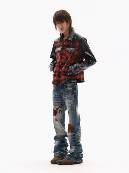 Embroidery Slogan Plaid Leather Jacket【s0000018353】