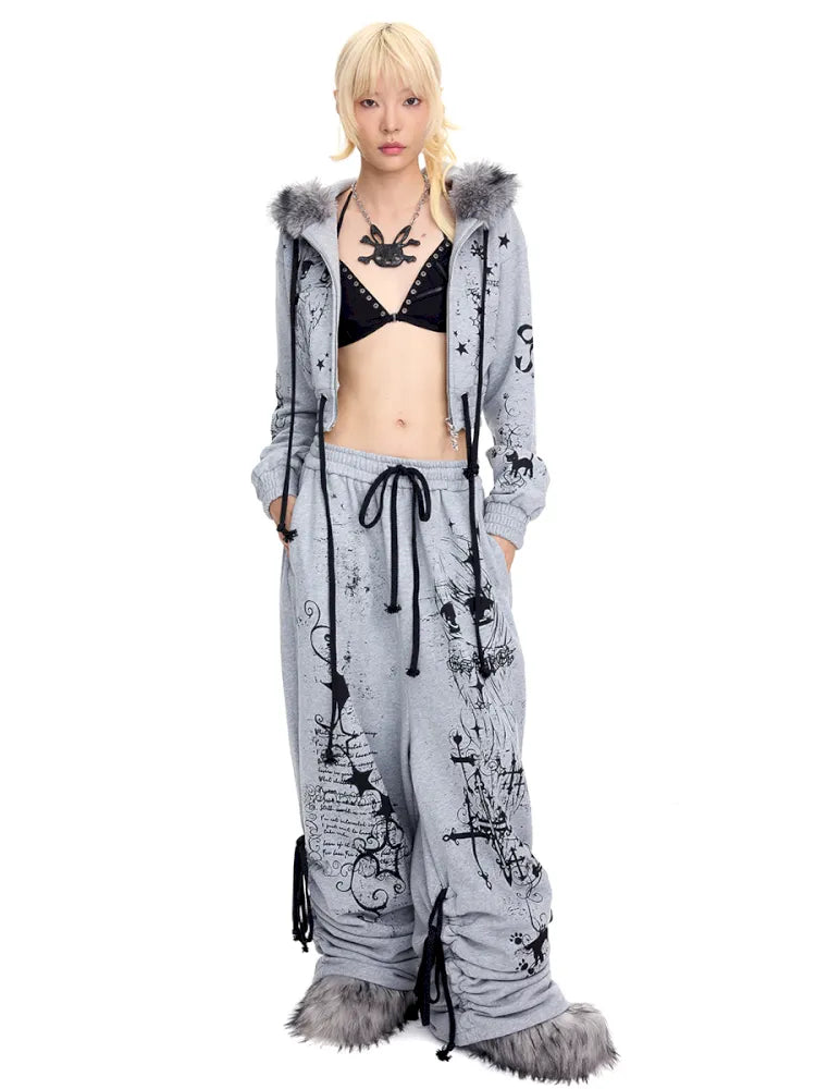 Doodle Print Puffy Drawstring Sweatpants【s0000014092】