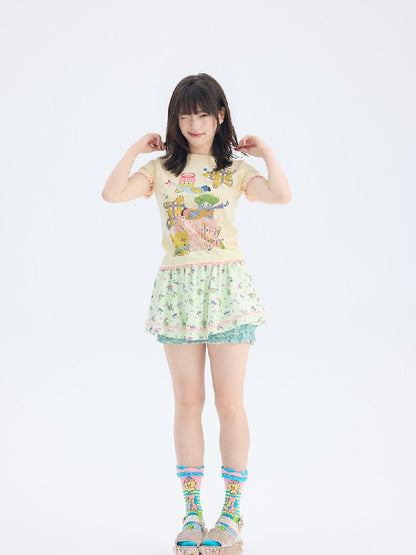 Star Angel Print Lace Short Sleeve Tee【s0000017696】