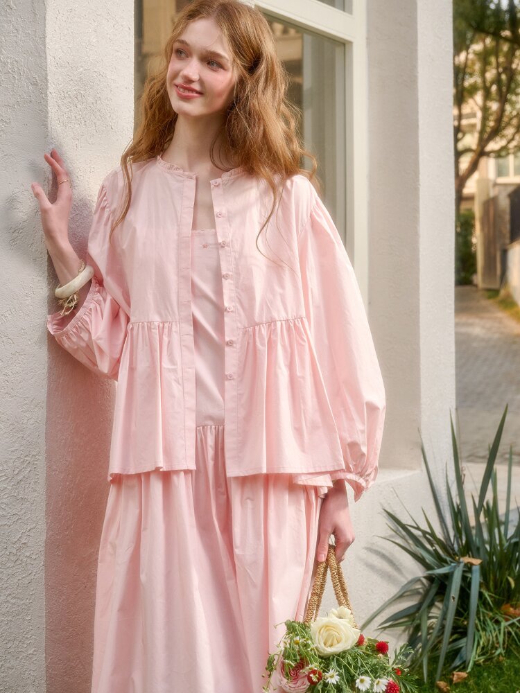Pink Cotton Embroidered Shirt Dress【s0000015620】
