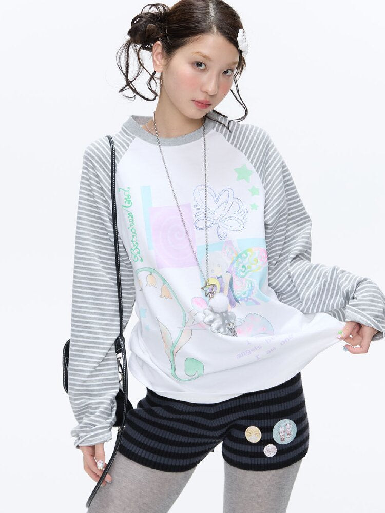 Loose Print Striped Raglan Top【s0000016378】