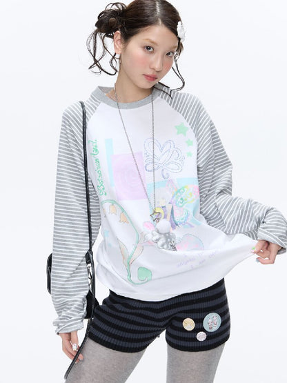 Loose Print Striped Raglan Top【s0000016378】